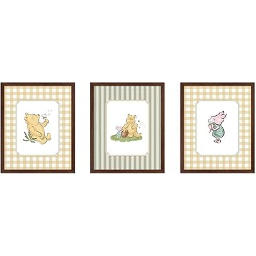 Monem Art 3-Piece Classic Characters Print - Pooh & Friends Poster - Nursery Art - Aesthetic Story Book Wall Design - Great Playroom or Kid's Room Decor - 8x10 Brown Framed