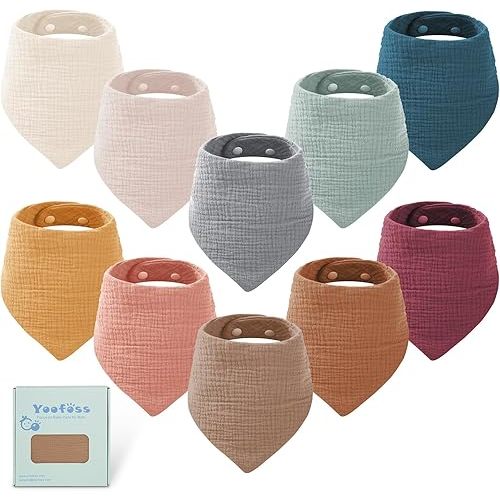 Yoofoss Muslin Baby Bibs 10 Pack 100% Organic Cotton 6-Layer Soft Absorbent Drool Bandana Baby Bibs for Drooling and Teething for Boys and Girls,Classic Mixed