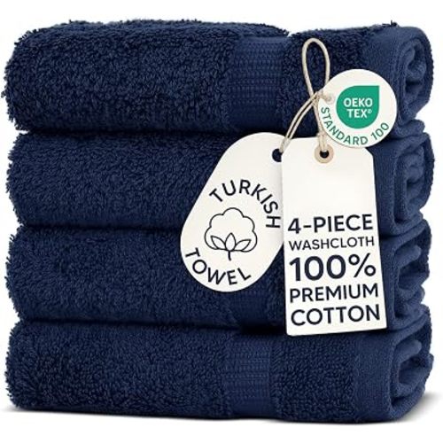 Chakir Turkish Linens | Hotel & Spa Quality 100% Cotton Premium Turkish Towels | Soft & Absorbent (4-Piece Washcloths, Navy)