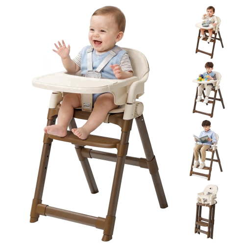 PRVAETU Foldable High Chair For Baby, Easy-to-Clean Feeding Chair with Removable Tray, Adjustable Legs and Seat Belt For Infant Toddlers,Beige