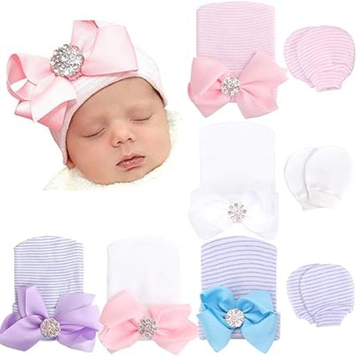 BQUBO Newborn Baby Caps Mittens for Baby Girls Baby Hats Scratch Mitten Gloves Set Soft Hospital Hat Infant Hats with Bow