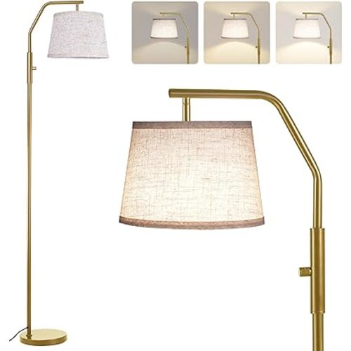SUNMORY Floor Lamps for Living Room, 9W Bulb Included, Lamp for Bedroom with Adjust Head, Standing Lamp with Rotary Switch, 0-100% Dimmable Floor Lamp for Living Room Bedroom Office Nursery, Gold.
