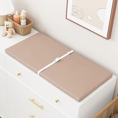 Wipeable Baby Changing Pad for Dresser and Table, Cozy Diaper Changing Pad with Waterproof & Wipe-Clean Leather Cover, Standard Size (31.5" L x 15.8" W), Light Brown