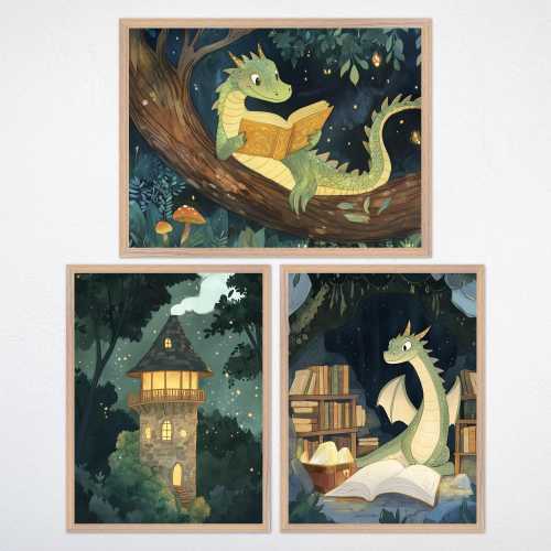 Dragon Wall Art Set - Whimsical Woodland Canvas or Framed Poster, Dragon Nursery Decor, Magical Kids Room Prints, Midnight Tales