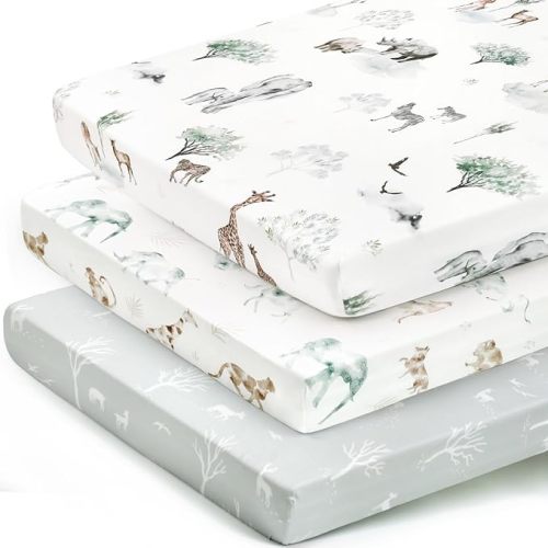 Stretchy Ultra Soft Jersey Knit Pack n Play Sheets Set 3 Pack, Portable/Mini Crib Sheets for Girls and Boys, Universal Fit for Pack N Plays Safe and Snug, Stylish African Savannah Animals Pattern