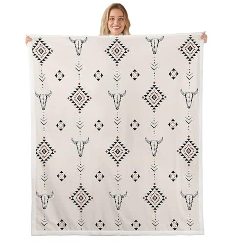 Erosebridal Western Aztec Fleece Blanket Baby Size American Native Sherpa Blanket Boho Southwestern Fuzzy Plush Throw for Kids Boys Teens Adult Tribal Bull Skull Farmhouse Decor for Sofa Couch