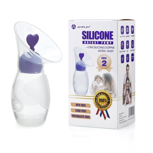 Amplim Gen 2 Manual Breast Pump/Collector for Breastfeeding with Stopper (2-Pack 4 oz/100ml) Food Grade Silicone BPA PVC and Phthalate Free (4OZ-Purple, 1, Count)