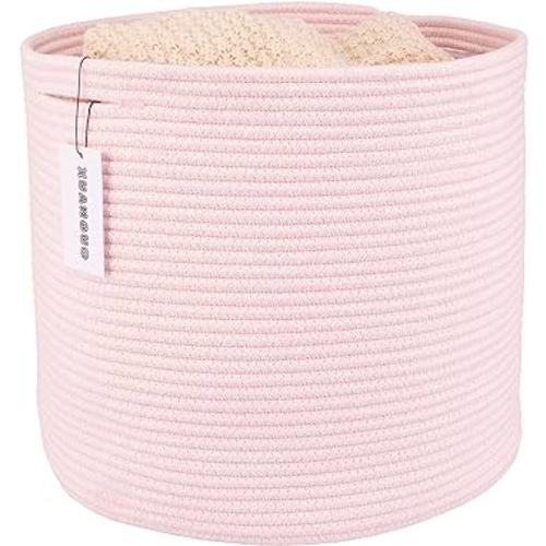 Cotton Rope Basket For Girls Kids 16”X14” Baby Laundry Baskets Nursery Bin Round Woven Basket Organizer For Storage Toys Blankets Shoes Clothes pink
