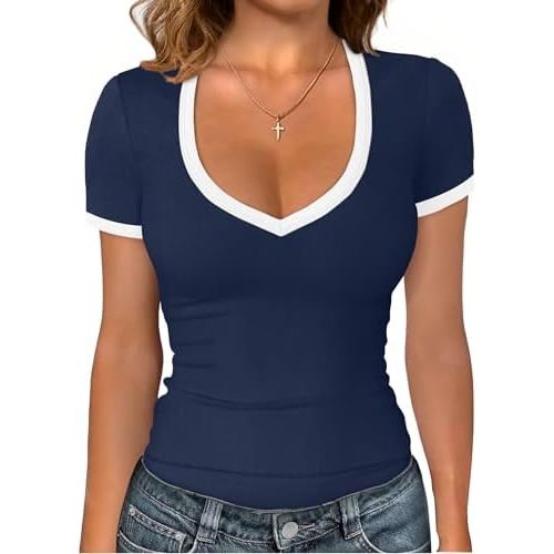Sampeel Short Sleeve Shirts for Women V Neck Summer Ribbed Tshirts 2026 Slim Fit Spring Fashion Going Out Basic Tees