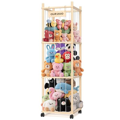 Rangement pour animaux en peluche en bois avec filet en maille, organiseur de jouets en peluche avec roulettes, zoo pour animaux en peluche peu encombrant pour chambre d'enfant ou chambre d'enfant