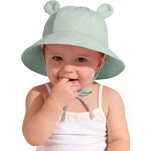 Zando Wide Brim Baby Sun Bucket Hat 0-4T UPF 50+ - Sun Protection Toddler Beach Hats with Bear Ears Infant Hat Adjustable
