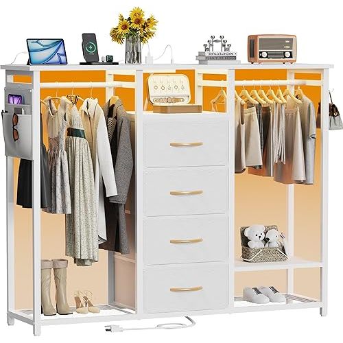 Dresser with Hanging Clothes Rack, 4 Drawers Dresser for Bedroom with LED Lights and Charging Station, Fabric Storage Chest of Drawers for Closet with Clothes Rack Bedroom Kid’s Room, Metal, White