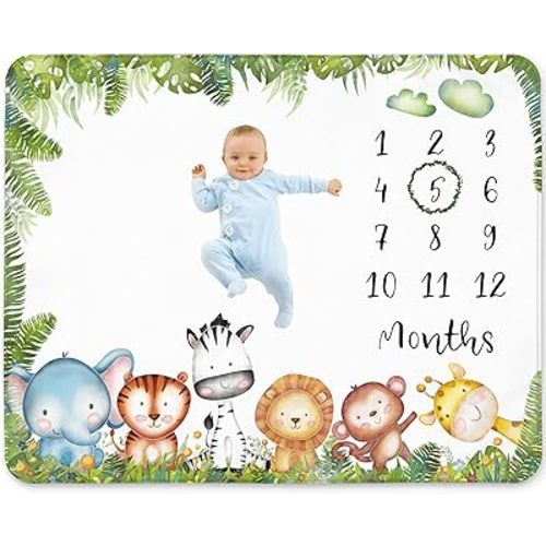 Safari Milestone Blanket for Boy – Jungle Animals Theme, Monthly Tracker with Wreath, Soft Fleece 50x40, Newborn Photo Prop, Cute Nursery Decor for New Moms