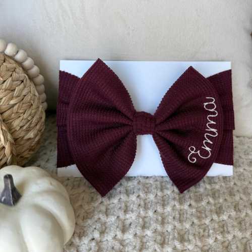 Personalized Fall Baby Bow Headband: Embroidered Name, Burgundy Soft Waffle Knit
