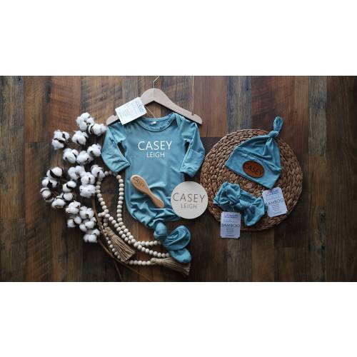 Bamboo Baby Gown: Knotted Newborn Outfit, Personalized Hat, name brush