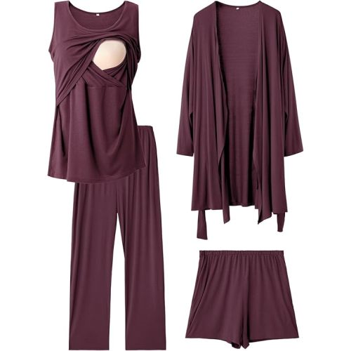 Rnxrbb 4 PCS Year-Round Nursing Pajamas Robe Set Postpartum Pajama Gown Breastfeeding Pj for Hospital Labor Delivery Clothes
