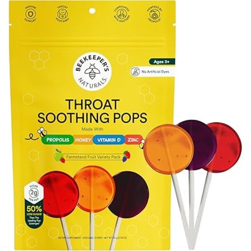 Kids Throat Soothing Lollipops by Beekeeper's Naturals - Doctor Formulated Immune Support, Vitamin D & Honey, Under 2g Sugar, Clean Ingredients,15 ct