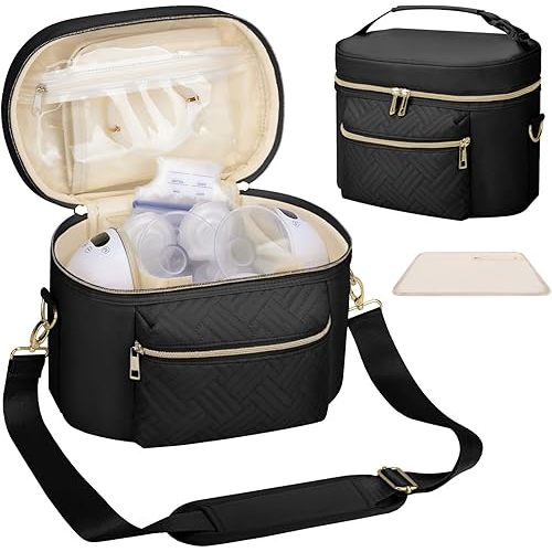 Wearable Breast Pump Bag Compatible with Willow/Elvie/Medela/Momcozy, Portable Pumps Carrying Case for Nursing & Working Moms, Pumping Bag with Mat & Shoulder Strap, Black