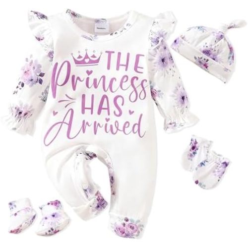Newborn Baby Girl Outfits Infant Romper Coming Home Ruffled Jumpsuit with Hat Mittens+Booties