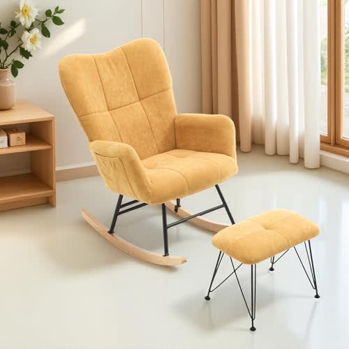 KEEZY Rocking Chair Nursery with Stool,Upholstered Glider Rocker,Rocking Accent Chair with Padded Seat with High Backrest,Reading Chair,Armchair Comfy Side Chair for Living Room Bedroom (Yellow)
