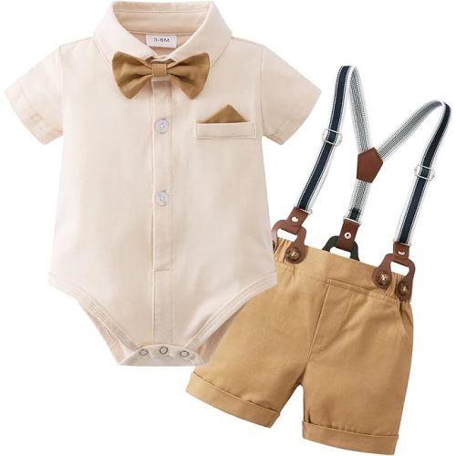 Infant Baby Boy Clothes Gentleman Outfits Suits Summer Short Sleeve Bowtie Bodysuit Shirts + Suspender Shorts(0-24M)