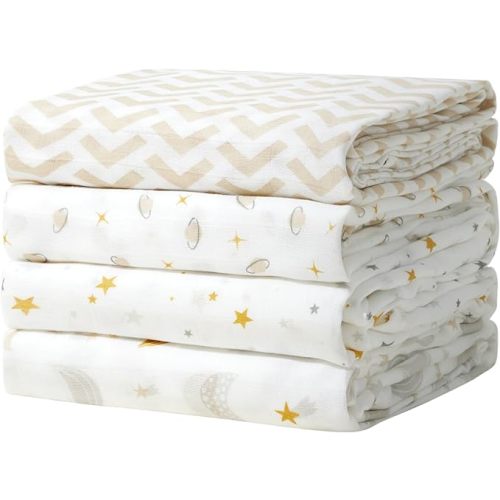 Momcozy Muslin Swaddle Blankets, 4 Pack Ultra Soft Neutral Swaddle Blanket, Breathable Large 47''x47'' Baby Infant Newborn Boys Girls Swaddling Receiving Blanket Wraps, Beige Star