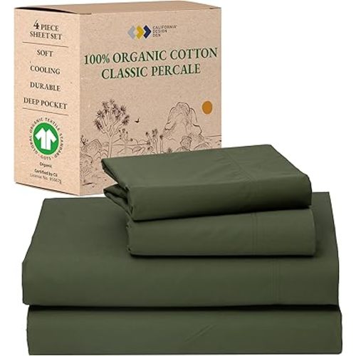 California Design Den Soft 100% Organic Cotton Bed Sheets California King Size Set with Deep Pockets - Crisp Percale Sheets, Breathable and Durable Bedding Set - Olive Green