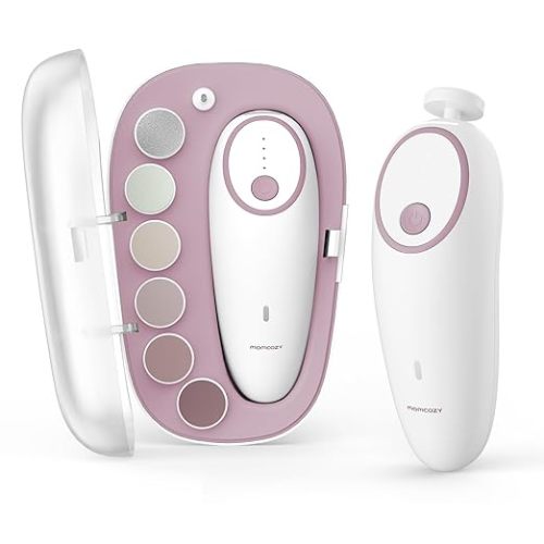 Pink Momcozy Baby Nail File Electric, Gentle Baby Nail Trimmer Electric, Baby Nail Clipper with Night Light, 7 Grinding Head Replacement Pads, Pink