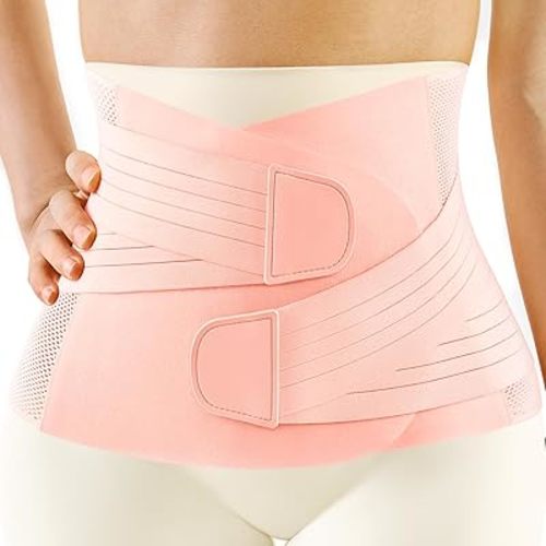 FREETOO Postpartum Belly Band Wrap for Women,Abdominal Binder Post Surgery with Ergonomical Back Support,C Section Belly Binder Post Partum,Stomach Binder Postpartum with Adjustable Compression,M,Pink