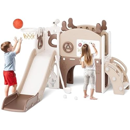 Mloong Toddler Slide for Kids - 11 in 1 Kids Slide for Toddlers Baby 1-3 Years Old, Indoor and Outdoor with Basketball Hoop Golf Drawing Set, Easy Assembly Elk Theme(Beige & Rosy Brown)(54×62×39in)