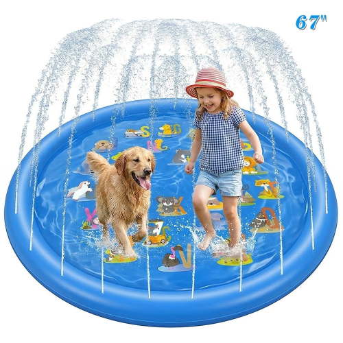 Non-Slip Splash Pad for Kids & Dog, 67'' Blue Water Play Mat for Outdoor Lawn Games, with Animals and Letters from A to Z