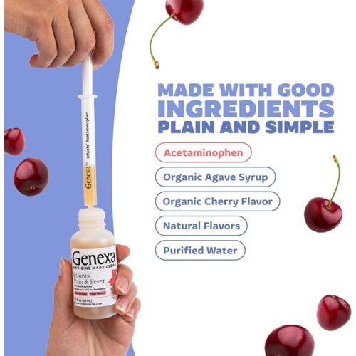 Genexa Infants' Clean Acetaminophen | Pediatrician Preferred Ingredients | Pain Reliever & Fever Reducer for Babies| Dye Free, 0% Artificial Additives | Delicious Organic Cherry Flavor, 2 fl oz