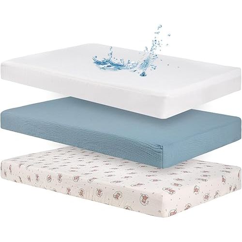 Baby Crib Sheets Cotton Muslin: 2 Crib Sheets Neutral and 1 Waterproof Baby Mattress Protector Cover for Boys Girl Fitted Toddler Bed Mattress 54 x 28 Inch (Bear, Blue, White, Crib)