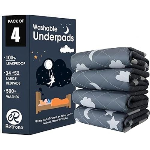 Retrona® Washable Underpads 34" x 52" Pack of 4 Heavy Absorbency Reusable Bedwetting Incontinence Pads for Adults, Kids, & Pets - Waterproof Protective Pad for Bed, Couch, Sofa, Floor (4 Pack - 34x52)