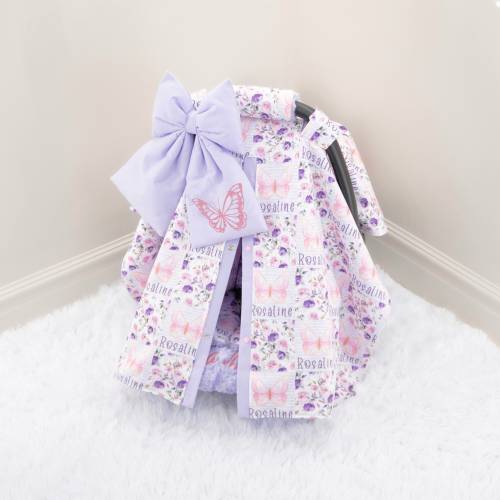Lilac Butterfly Baby Girl Car Seat Cover Canopy - Personalized Name - Gift for Newborn - Baby Car Seat Accessories - FREE SHIPPING