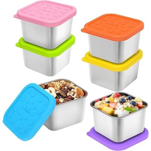 SOPHICO Stainless Steel Snack Containers for Kids, 6 oz Leak Proof Small Food Storage Container with Silicone Lid, 304 Metal Toddler Lunch Box for Daycare, School and Travel (6 Pack)