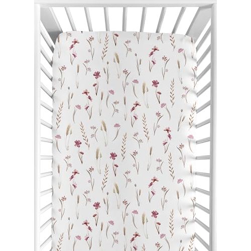 Sweet Jojo Designs Baby Crib Sheets Girl - Boho Garden Pink Floral Fitted Crib Sheet for Infant Nursery Toddler Room Standard Mattress - Flower Bohemian Farmhouse Wildflower Vintage Shabby Chic Nature