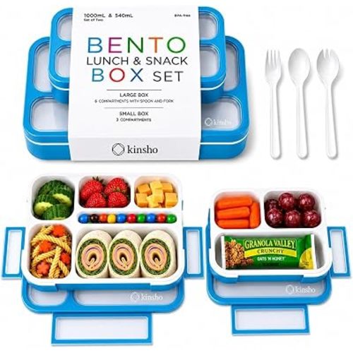 Bento-Box Lunch Box & Portion Control Snack Container Set, Leakproof Lunch-Boxes, Containers for School Meal Prep, Kids Boys Girls Adults, BPA Free, Utensils, Blue Large and MINI 2 pack