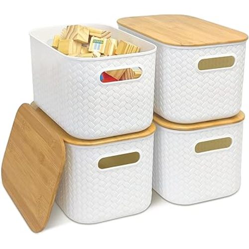 Soddeph 4 Packs Plastic Storage Bins with Bamboo Lids,Stackable Storage Containers with Lids, Storage Baskets for Organizing Desktop, Classroom, Office (White)