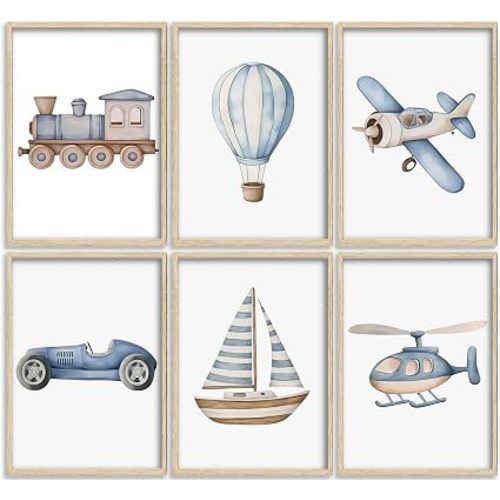 Vintage Baby Boy Nursery Wall Art Decor Set of 6 Blue Transportation Car Airplane Painting Picture Wall Decor Toddler Vehicle Train Boat and Hot Air Balloon Poster Print Artwork for Kids Boys Playroom Bedroom Room Home Decor 8x10 Unframed