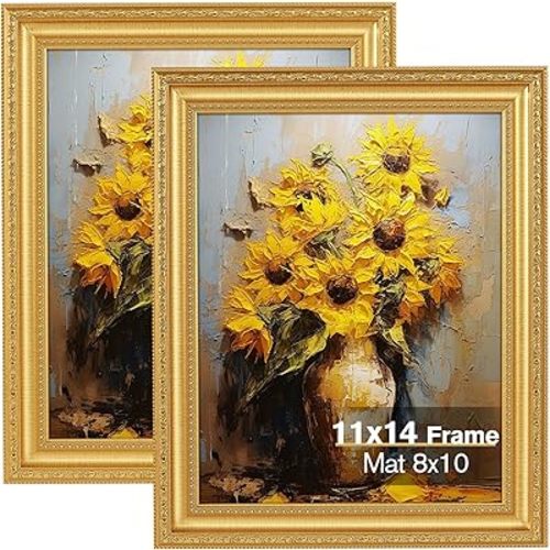11x14 Gold Picture Frame Set of 2, Ornate Vintage 11x 14 Photo Frame for Wall Decor or Tabletop Display, 11 x 14 Gold Frames with Real Glass, Display 8x10 Pictures with Mat or 11x14 without Mat for Antique Déco