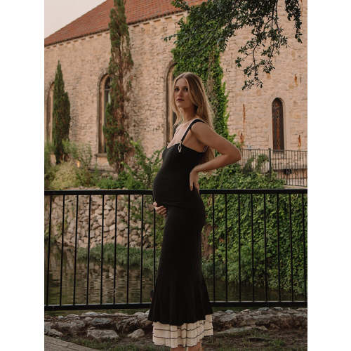 Momyknows Black Falbala Bow Ruffle Tank Patchwork Mermaid Sweetheart Neckline Elegant Evening Gown Maternity Photoshoot Baby Shower Maxi Dress