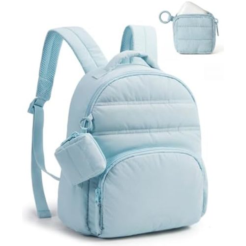BAGSMART Small Backpacks for Women, Lightweight Puffer Mini Backpack Purse with Pouch, Quilted Casual Daypack, Water-Resistant Bookbag for Daily Travel College, 2-in-1 Set, Baby Blue