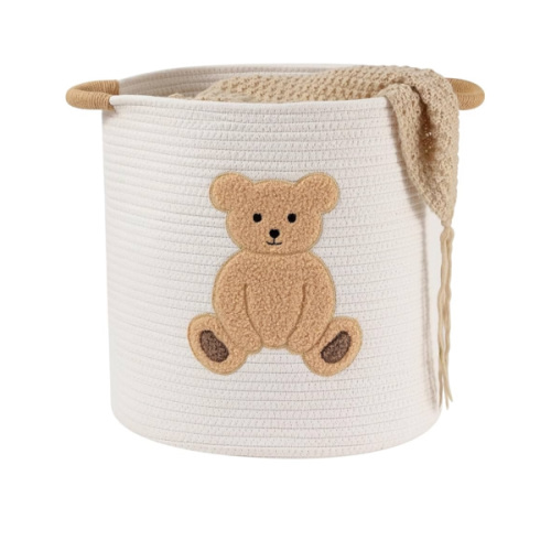 Large Blanket Baskets for Living Room Decor, Toy Storage Baskets Woven Cotton Rope Teddy Storage Basket for Kids, Dog Toys Organizer Clothes Hamper with Embroidery Decor for Nursery (Large, Bear)