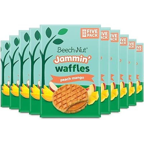 Beech-Nut Toddler Snacks Jammin' Waffles with Fruit Filling for Babies & Toddlers, Peach Mango, 10 Boxes (50 Individually Wrapped Packs)