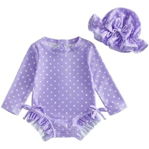 Toddler Baby Girl Swimsuit Dot Print Rash Guard Long Sleeve Ruffle Bathing Suit with Cap 2 Piece Set Swimwear