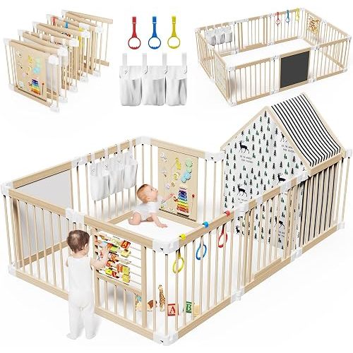 Large Wooden Baby Playpen with Locking Gate for Babies and Toddlers