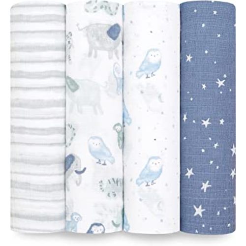 aden + anais Essentials Swaddle Blanket, Boutique Muslin Blankets for Girls & Boys, Baby Receiving Swaddles, Ideal Newborn & Infant Swaddling Set, Perfect Shower Gifts, 4 Pack, Time to Dream
