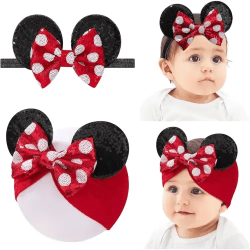 choicbaby Baby Girl Headbands Mouse Ears Headwrap with Sequin Polka Dot Bow Soft Stretchy Nylon Hair Bands for Newborn Infant Baby Toddler Girls- Pack of 2
