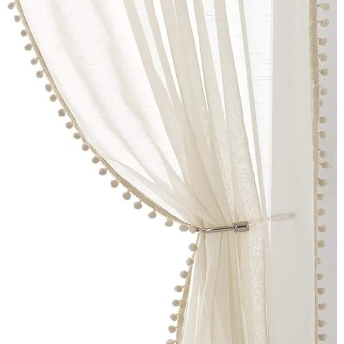 Treatmentex Pom Pom Linen Sheer Curtains for Living Room 63 inches Length Slub Textured Natural Farmhouse Window Sheers Drapes 52" w x 2 Pack, Rod Pocket, Beige